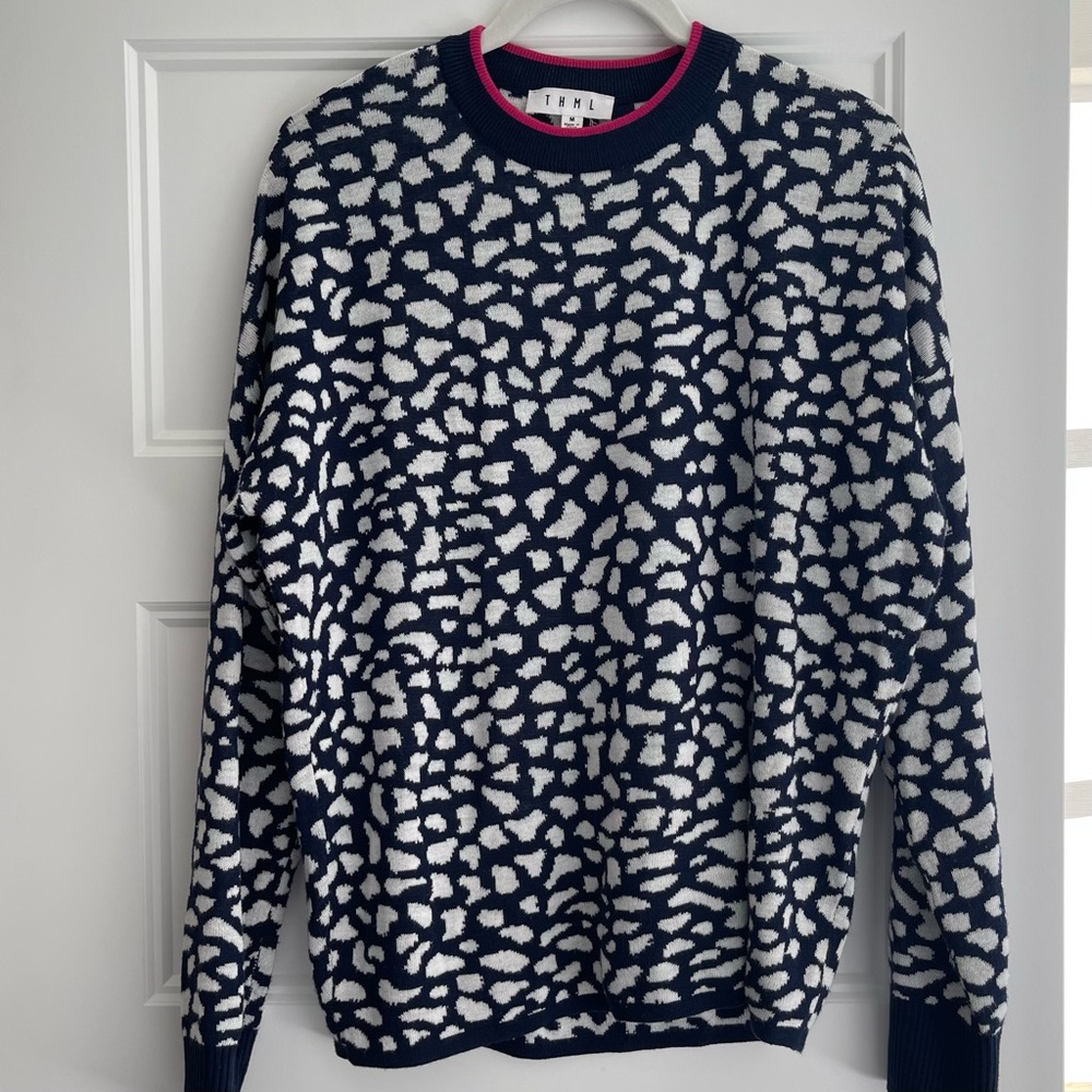 Navy and White Abstract Print Sweater - Medium
